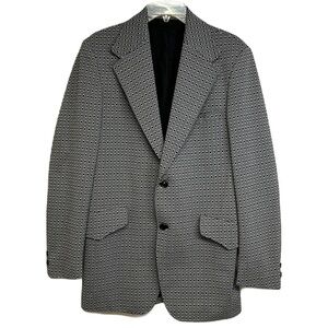Vintage Mens Blazer Jacket Size 40L Two Button Cotton Diamond Print Black White